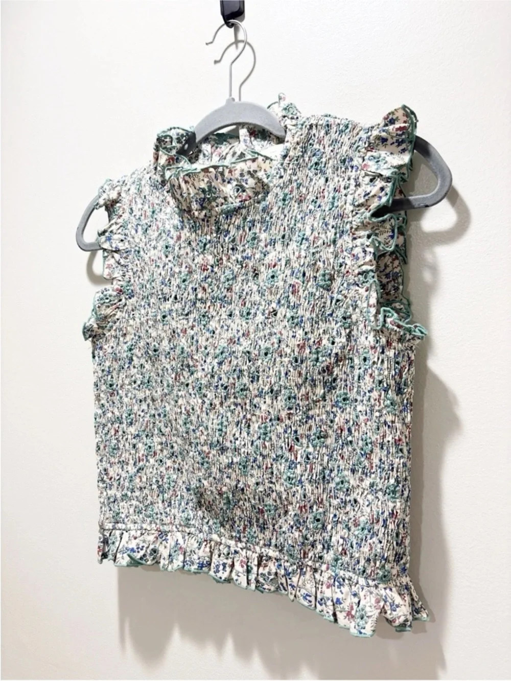 Sezane NEW Samona Blouse Smocked Ruffle Sleeveless Ostuni Floral Cottagecore 8 - Picture 4 of 7